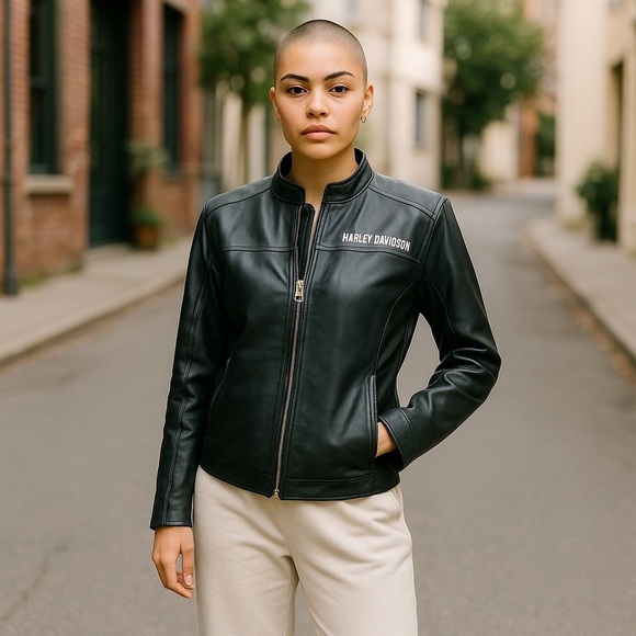 HARLEY- DAVIDSON WOMENS BLACK LEATHER #1 BIKER FLAG EMBLEM RARE JACKET SIZE MED - Picture 15 of 15